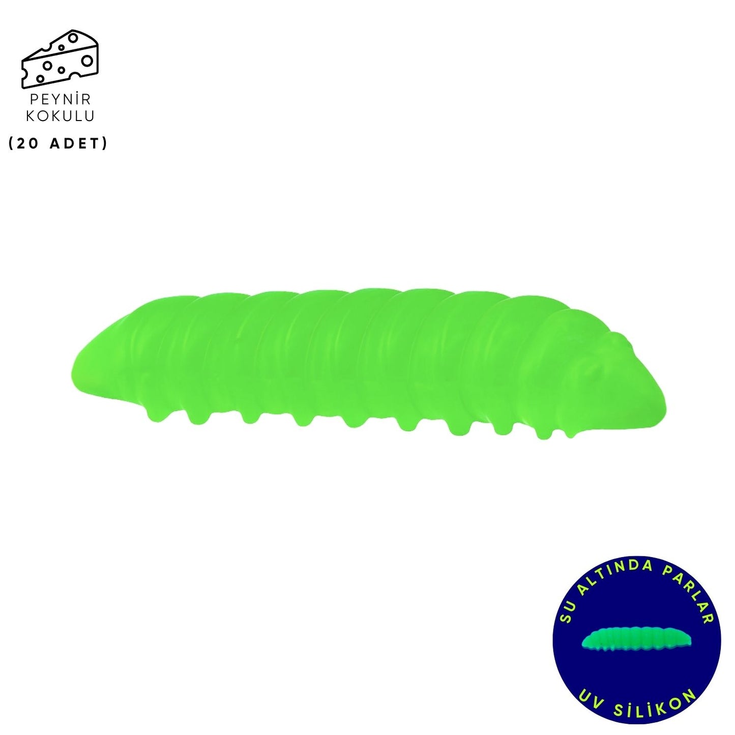 Silikon Kurt Yem - Fishack - 35mm - Peynir Kokulu - 20 Adet - Yeşil - UV - Trout Bait