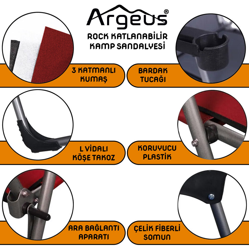 4 Adet Katlanır Kamp Sandalyesi ve Masa Seti - Rock - Kül Gri / Hardal - Bardaklıklı - 140 KG
