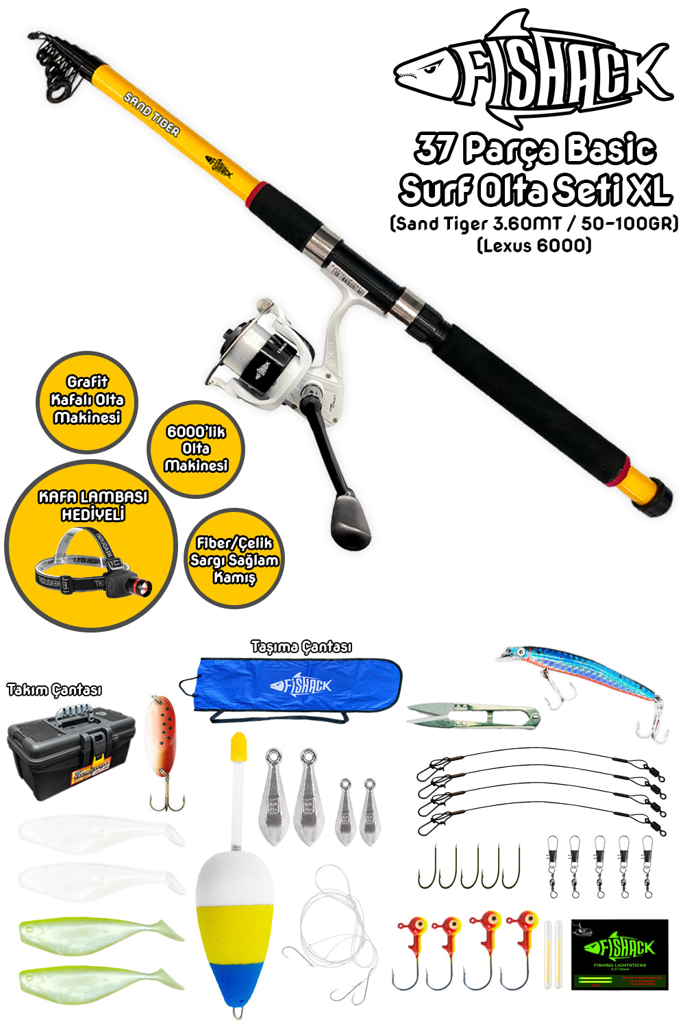 Fishack 37 Parça Surf Basic Deniz Olta Seti XL - 3.60MT / 50-100GR