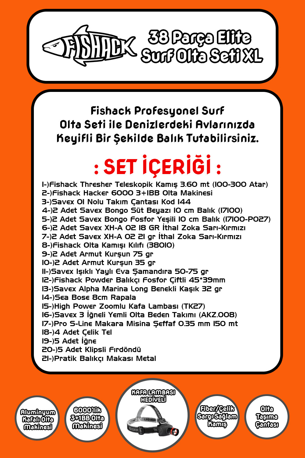 Fishack 38 Parça Surf Elite Deniz Olta Seti XL - 3.60MT / 100-300GR