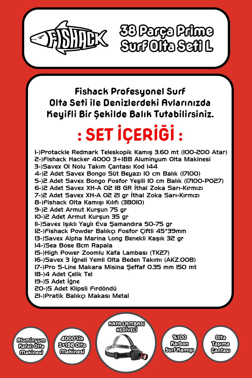 Fishack 38 Parça Surf Prime Deniz Olta Seti L - 3.60MT / 100-200GR