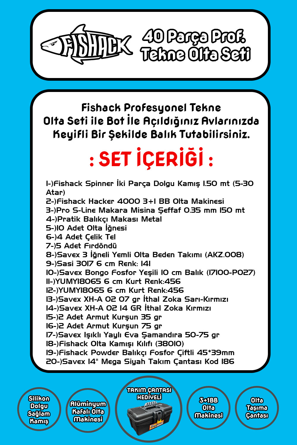 Fishack 40 Parça Profesyonel Tekne Olta Seti - 1.50MT/3+1BB