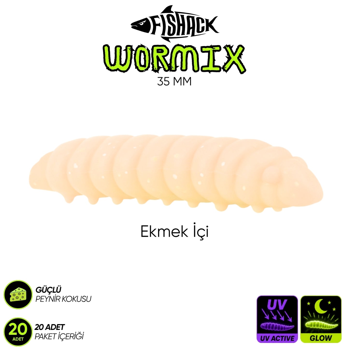 Silikon Kurt Yem - Fishack - 35mm - Peynir Kokulu - 20 Adet - UV ve Glow Silikon