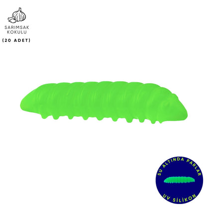 Silikon Kurt Yem - Fishack - 35mm - Sarımsak Kokulu - 20 Adet - Yeşil - UV - Trout Bait