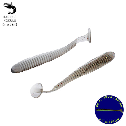 Silikon Kurt Yem - 4,2g 105mm - Turna/Levrek Silikonu - 1 Adet - Gri/Beyaz - Karides Kokulu