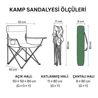 2 Adet Katlanır Kamp Sandalyesi - Piknik Plaj Sandalyesi - (DY.001) - Haki