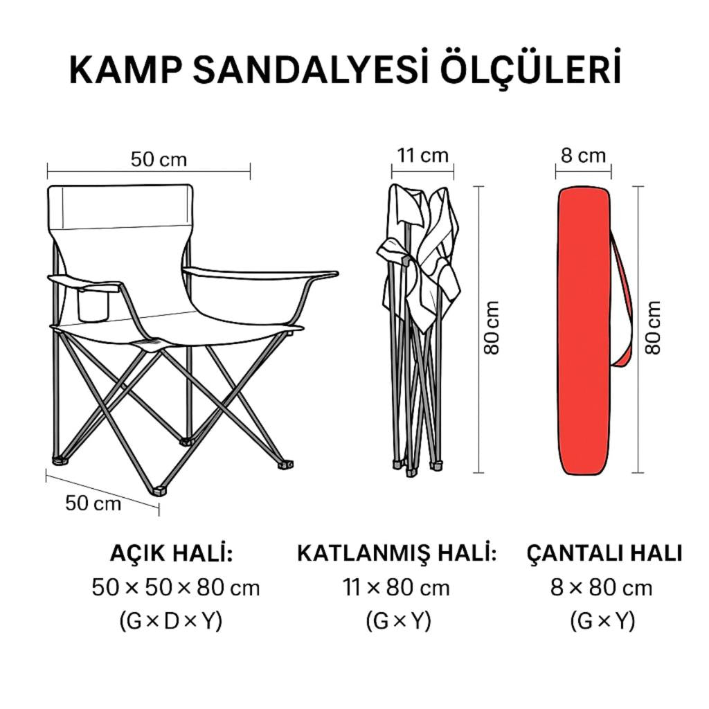 2 Adet Katlanır Kamp Sandalyesi - Piknik Plaj Sandalyesi - (DY.001) - Kırmızı - Taşıma Çantalı