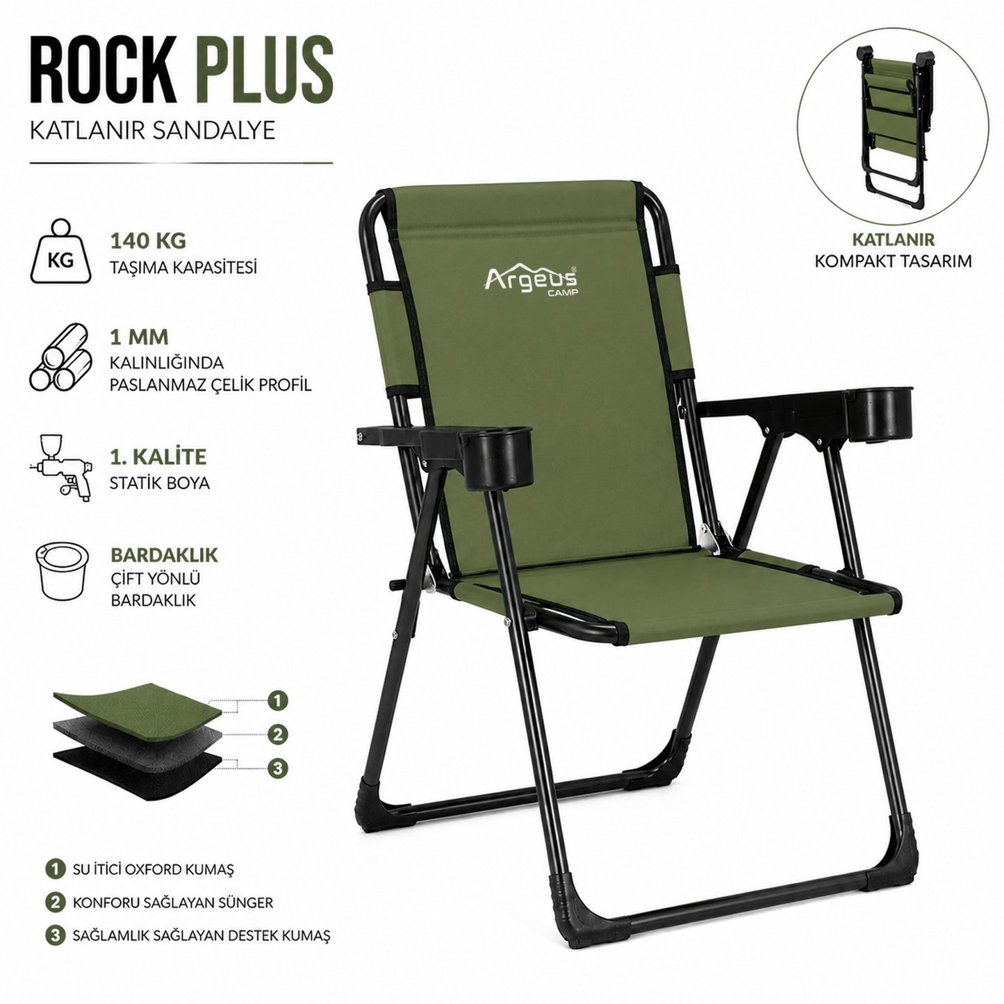 2 Adet Katlanır Kamp Sandalyesi ve Ahşap Masa Seti - Rock Plus - Haki