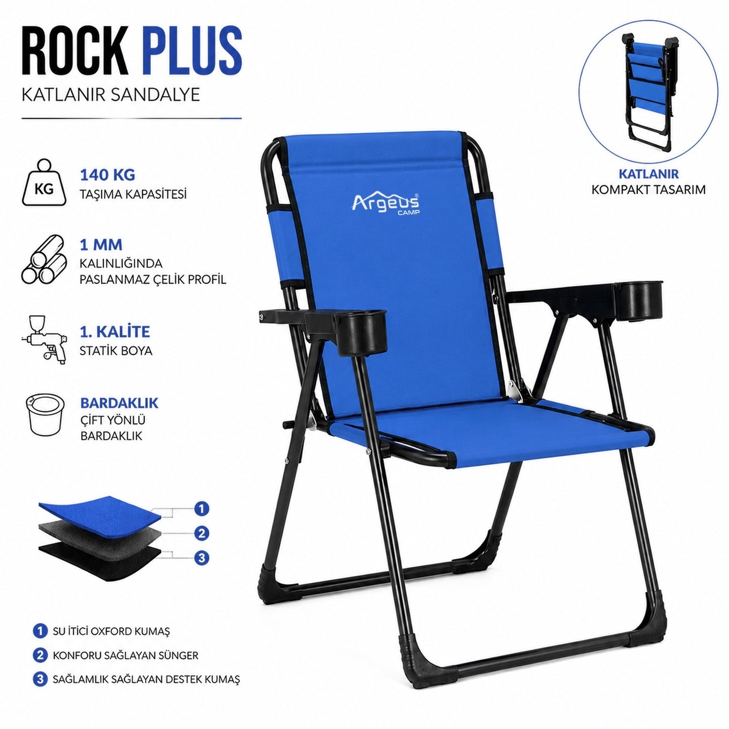2 Adet Katlanır Kamp Sandalyesi ve Ahşap Masa Seti - Rock Plus - Mavi
