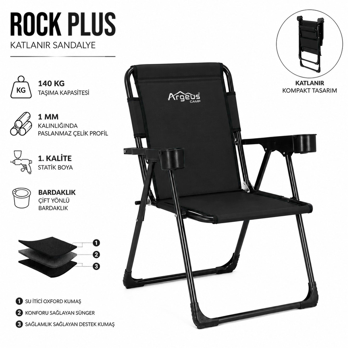 2 Adet Katlanır Kamp Sandalyesi ve Ahşap Masa Seti - Rock Plus - Siyah