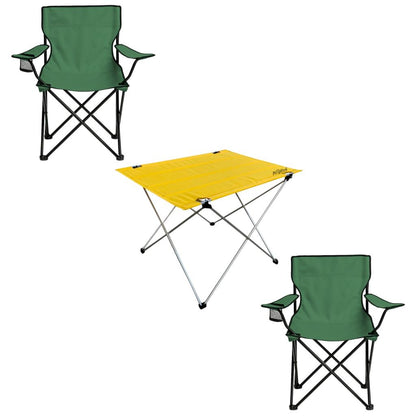 2 Adet Katlanır Kamp Sandalyesi ve Masa Seti - (DY.001) - Haki/Sarı - Plaj Sandalyesi