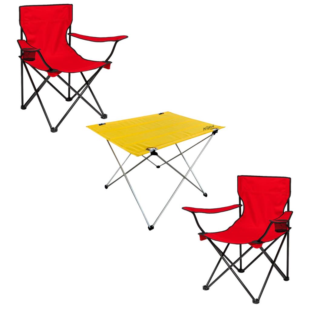2 Adet Katlanır Kamp Sandalyesi ve Masa Seti - (DY.001) - Kırmızı/Sarı - Plaj Sandalyesi