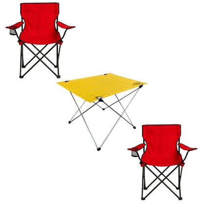 2 Adet Katlanır Kamp Sandalyesi ve Masa Seti - (DY.001) - Kırmızı/Sarı - Plaj Sandalyesi