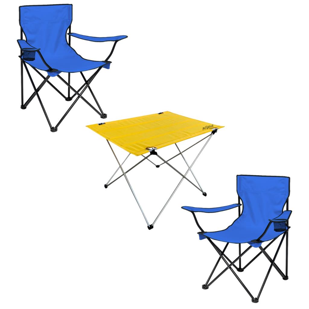 2 Adet Katlanır Kamp Sandalyesi ve Masa Seti - (DY.001) - Mavi/Sarı - Plaj Sandalyesi