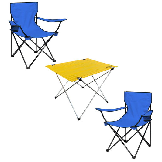 2 Adet Katlanır Kamp Sandalyesi ve Masa Seti - (DY.001) - Mavi/Sarı - Plaj Sandalyesi