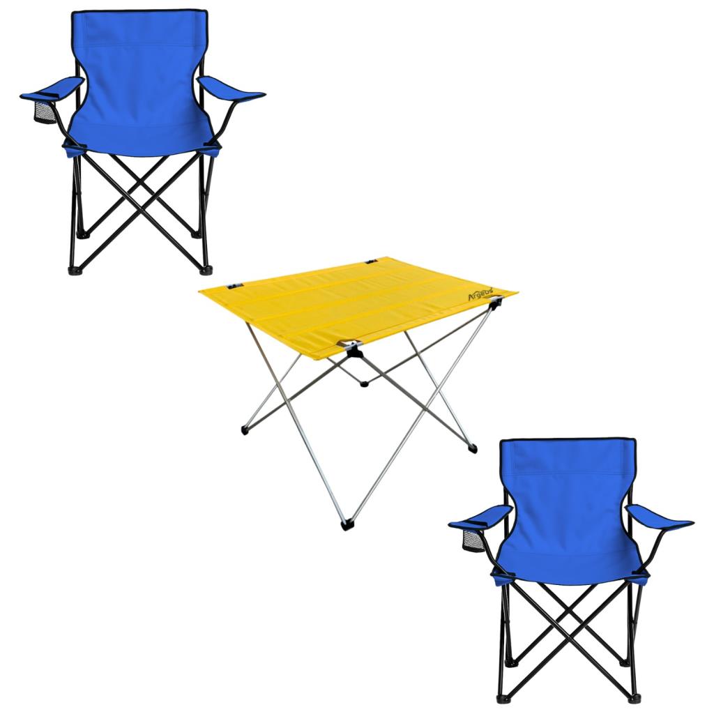 2 Adet Katlanır Kamp Sandalyesi ve Masa Seti - (DY.001) - Mavi/Sarı - Plaj Sandalyesi