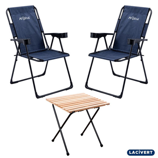 2 Adet Katlanır Kamp Sandalyesi ve Masa Seti - Rest - Lacivert - 130 KG Taşıma