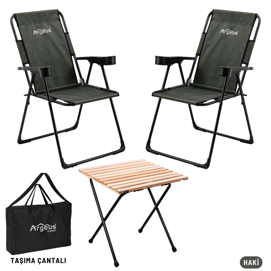 2 Adet Katlanır Kamp Sandalyesi ve Masa Seti - Rest - Taşıma Çantalı - Haki - 130 KG Taşıma