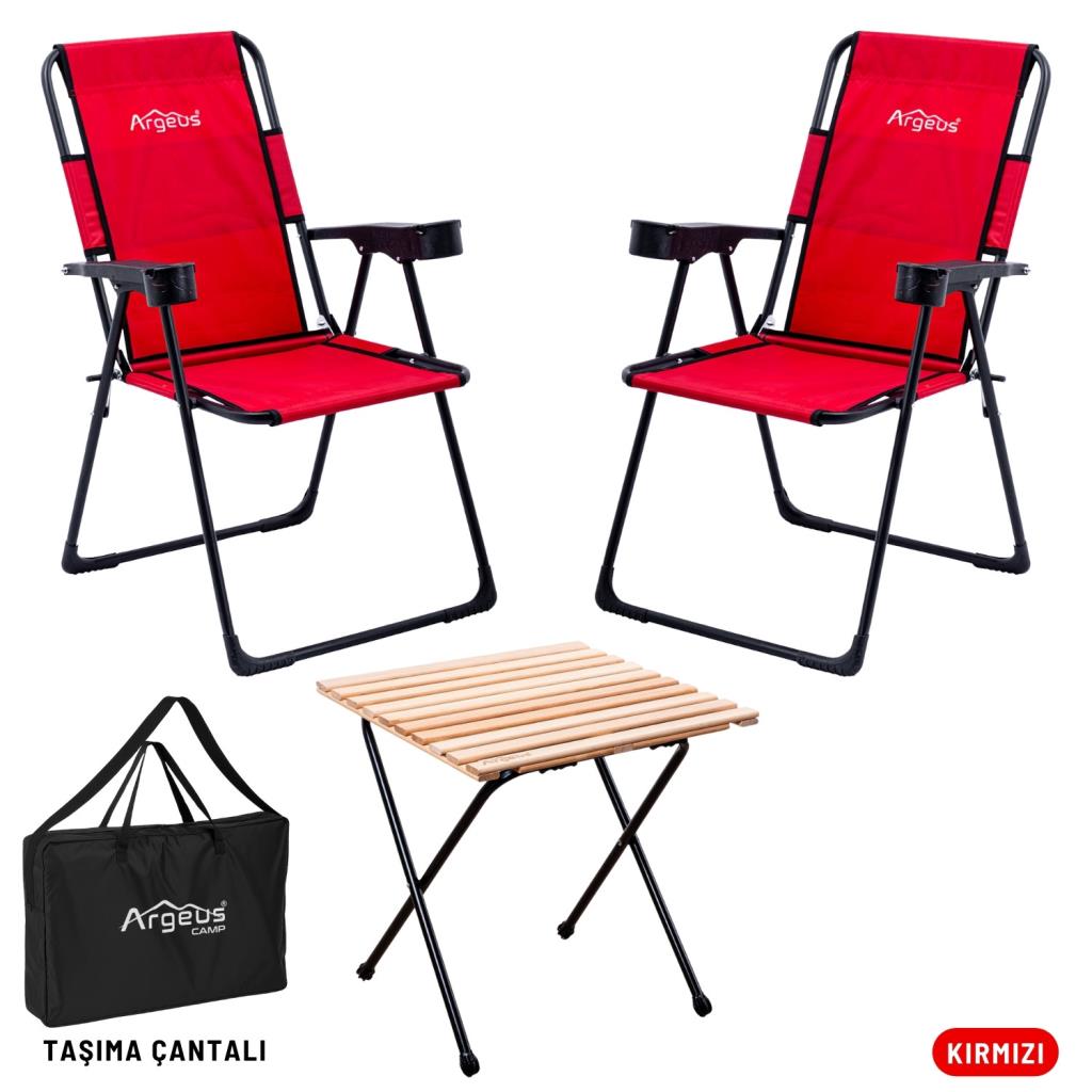 2 Adet Katlanır Kamp Sandalyesi ve Masa Seti - Rest - Taşıma Çantalı - Kırmızı - 130 KG Taşıma