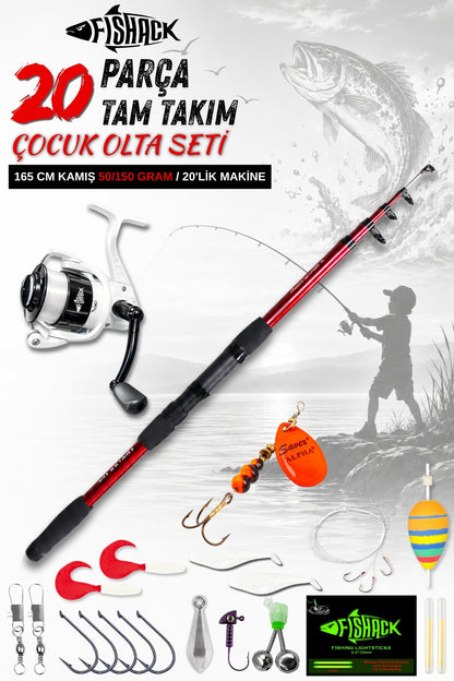 20 Parça Tam Takım Çocuk Olta Seti - 165cm Kamış 50-150 GR/20'lik Makine (Beyaz)