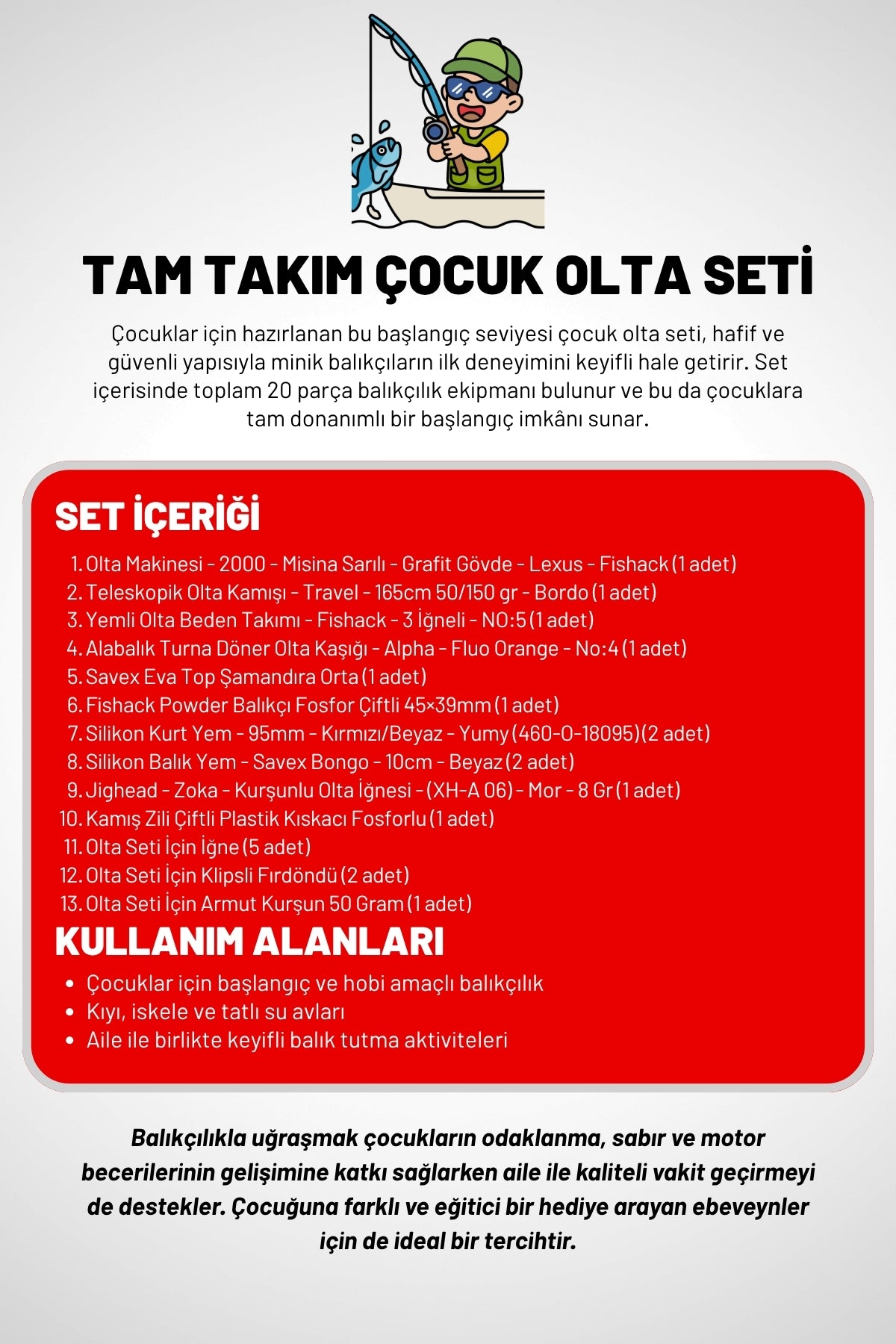 20 Parça Tam Takım Çocuk Olta Seti - 165cm Kamış 50-150 GR/20'lik Makine (Beyaz)