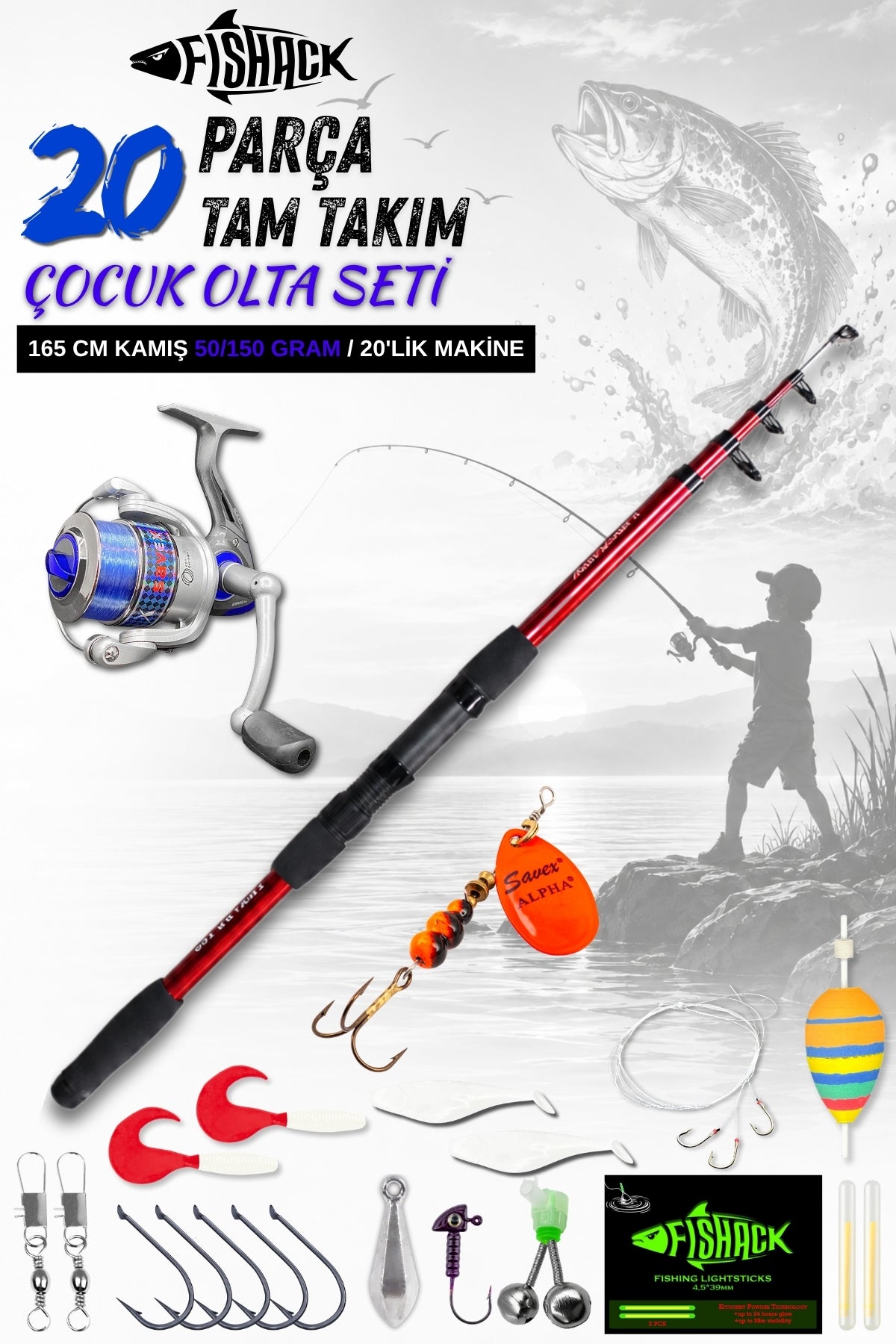 20 Parça Tam Takım Çocuk Olta Seti - 165cm Kamış 50-150 GR/20'lik Makine (Mavi)