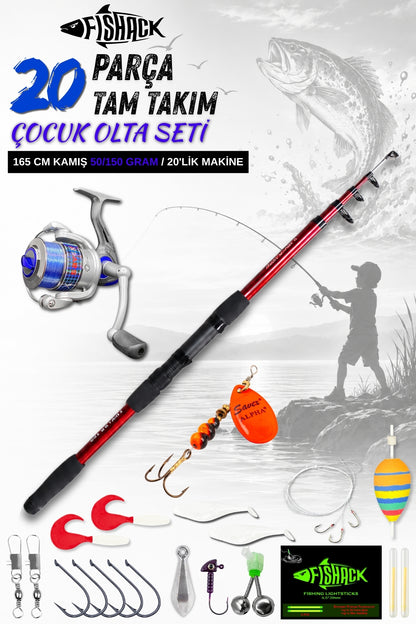 20 Parça Tam Takım Çocuk Olta Seti - 165cm Kamış 50-150 GR/20'lik Makine (Mavi)