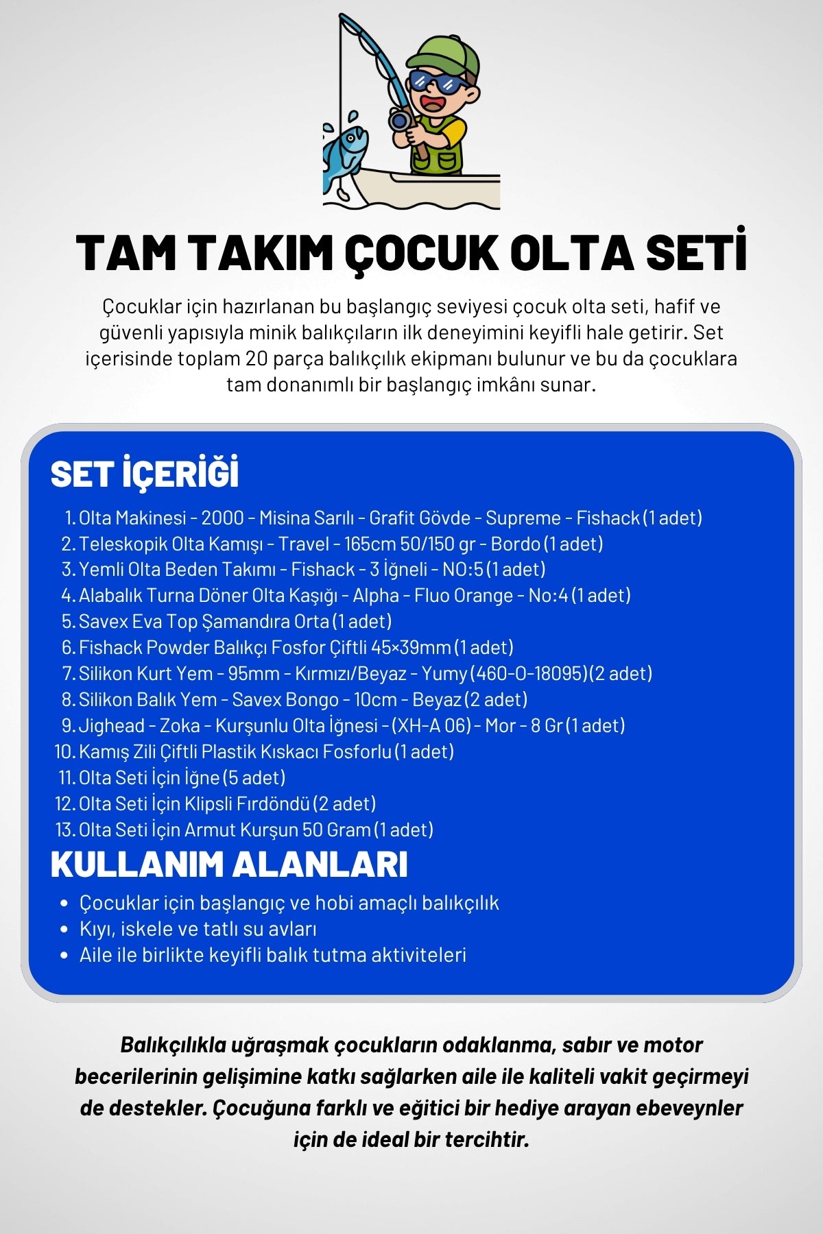 20 Parça Tam Takım Çocuk Olta Seti - 165cm Kamış 50-150 GR/20'lik Makine (Mavi)
