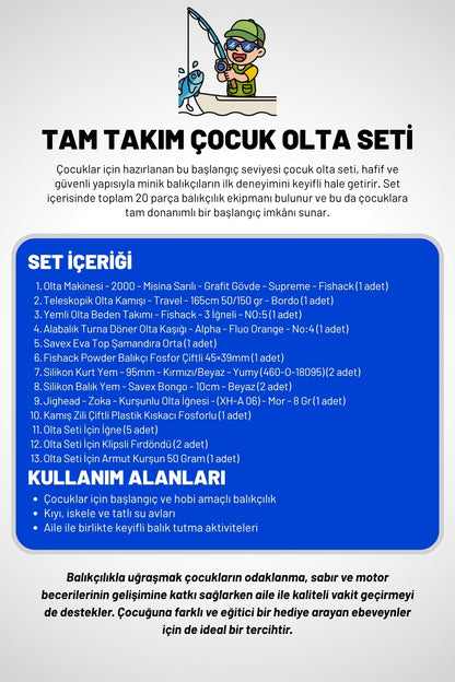 20 Parça Tam Takım Çocuk Olta Seti - 165cm Kamış 50-150 GR/20'lik Makine (Mavi)