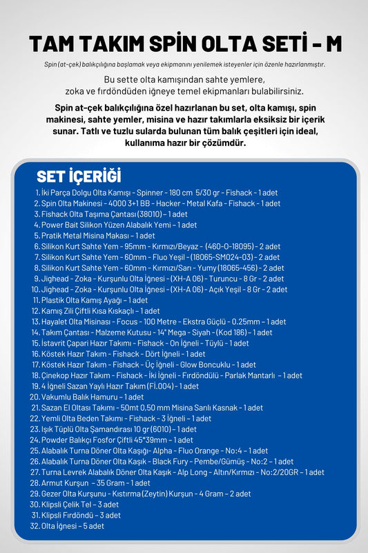 Tam Takım Spin Olta Seti - 180cm Kamış 5-30GR / 4000'lik 3+1BB Makine - M - At-Çek Olta Takımı