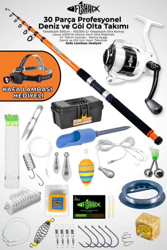 30 Parça Deniz ve Göl Profesyonel Olta Takımı Seti - 300cm Kamış 100-300GR  / 40'lık Makine - Ful Set