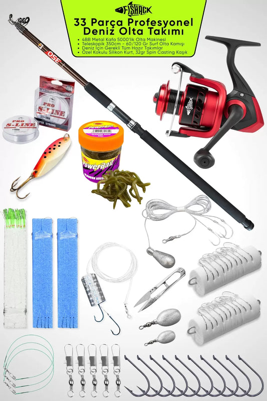 33 Parça Profesyonel Deniz Olta Takımı Seti - Kahv - 350cm Kamış 60/120gr / 50'lik Metal Kafa Makine