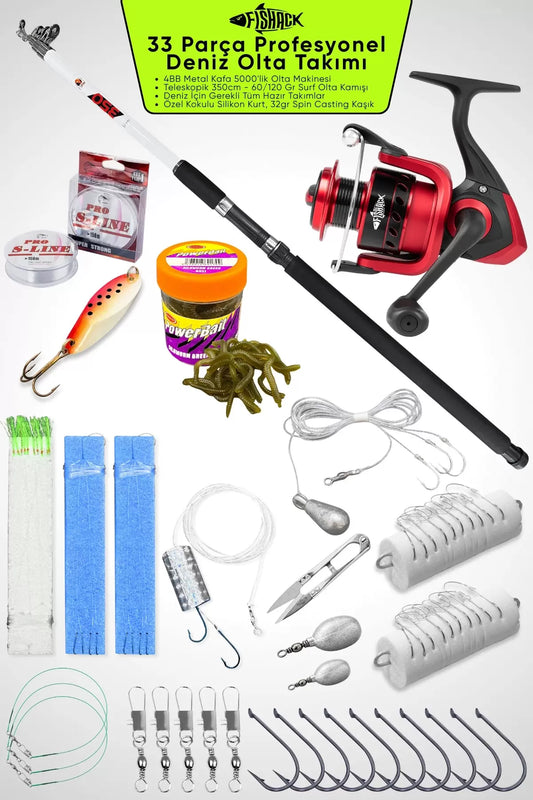 33 Parça Profesyonel Deniz Olta Takımı Seti - Mor - 350cm Kamış 60/120gr / 50'lik Metal Kafa Makine