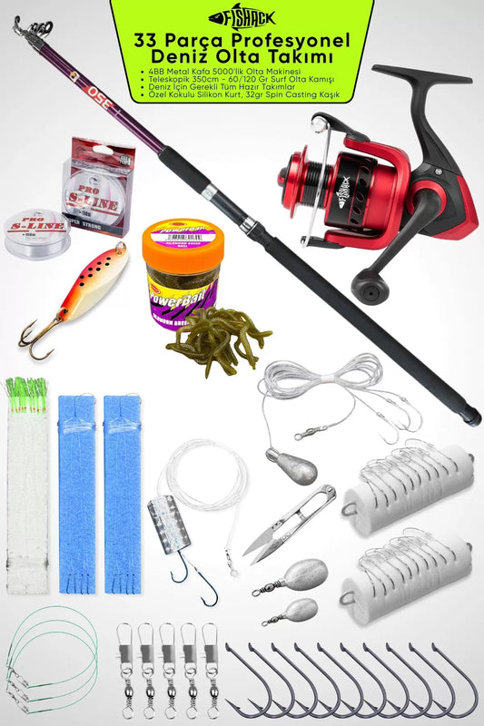 33 Parça Profesyonel Deniz Olta Takımı Seti - Mor - 350cm Kamış 60/120gr / 50'lik Metal Kafa Makine