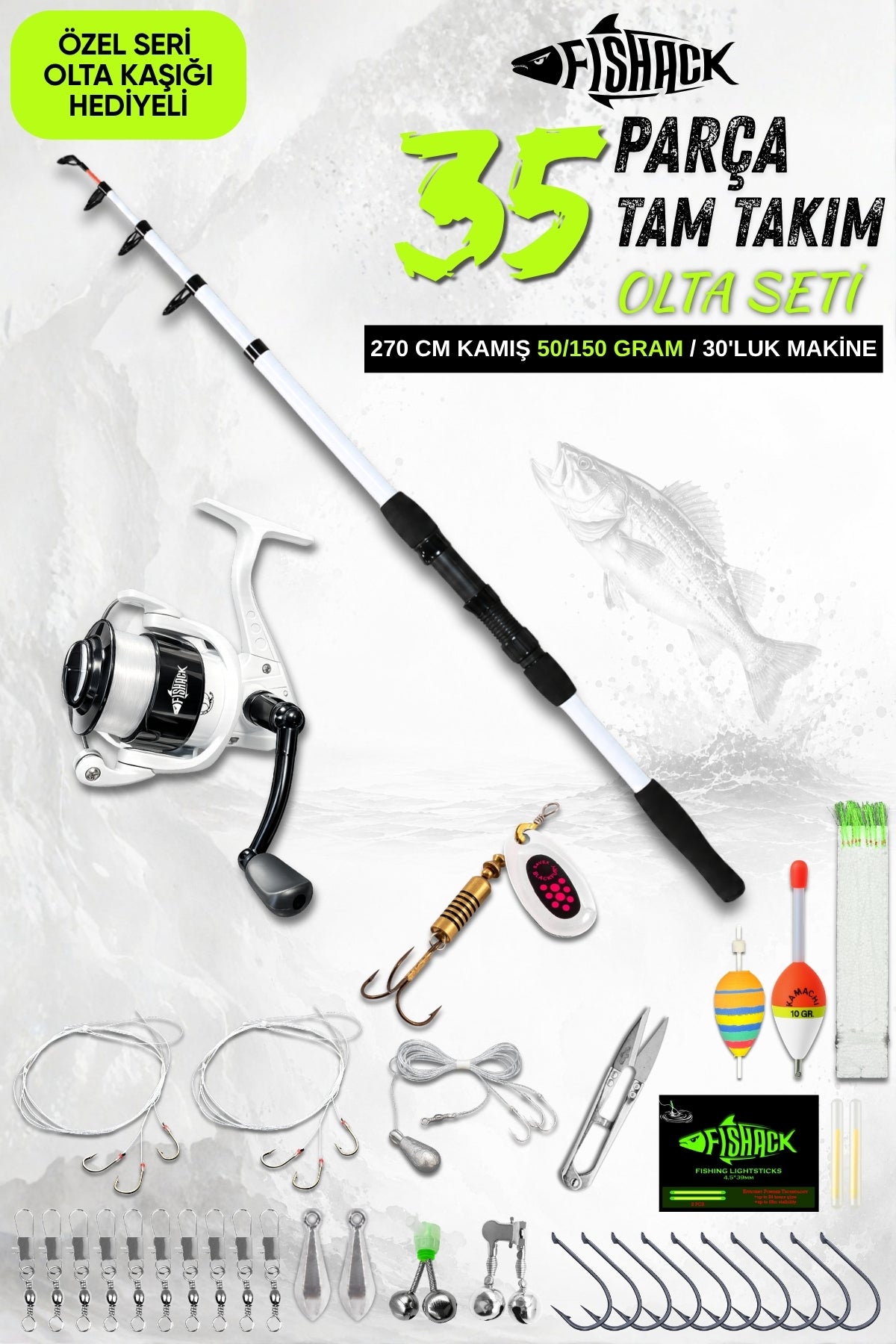 35 Parça Tam Takım Olta Seti - 270cm Kamış 50-150GR / 30'luk Makine (Beyaz)