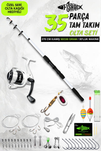 35 Parça Tam Takım Olta Seti - 270cm Kamış 50-150GR / 30'luk Makine (Beyaz)