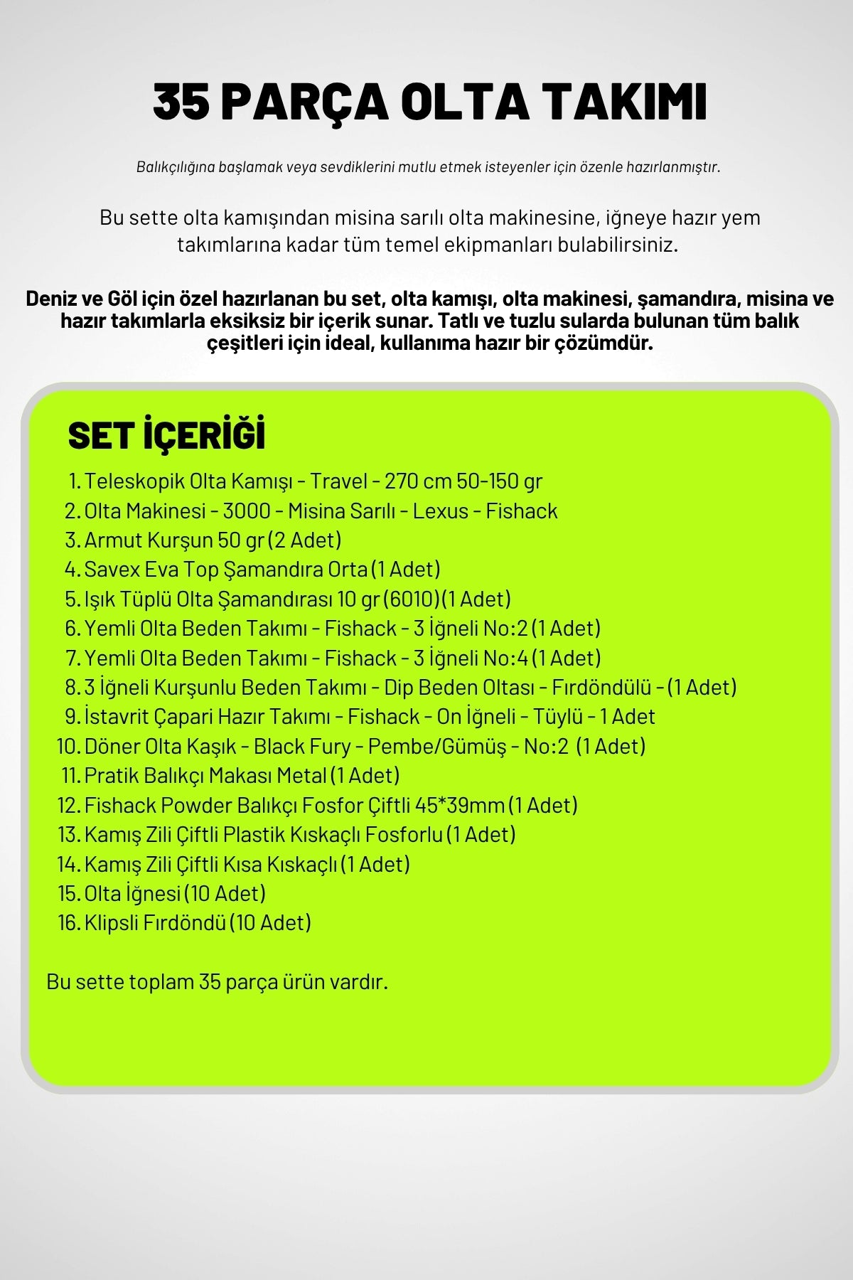 35 Parça Tam Takım Olta Seti - 270cm Kamış 50-150GR / 30'luk Makine (Beyaz)