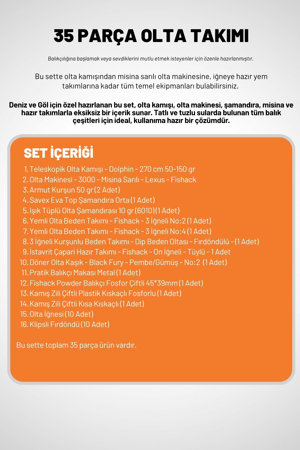 35 Parça Tam Takım Olta Seti - 270cm Kamış 50-150GR / 30'luk Makine (Turuncu)