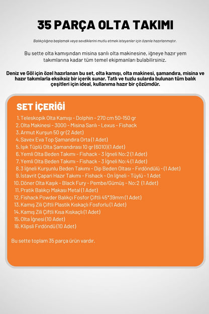35 Parça Tam Takım Olta Seti - 270cm Kamış 50-150GR / 30'luk Makine (Turuncu)
