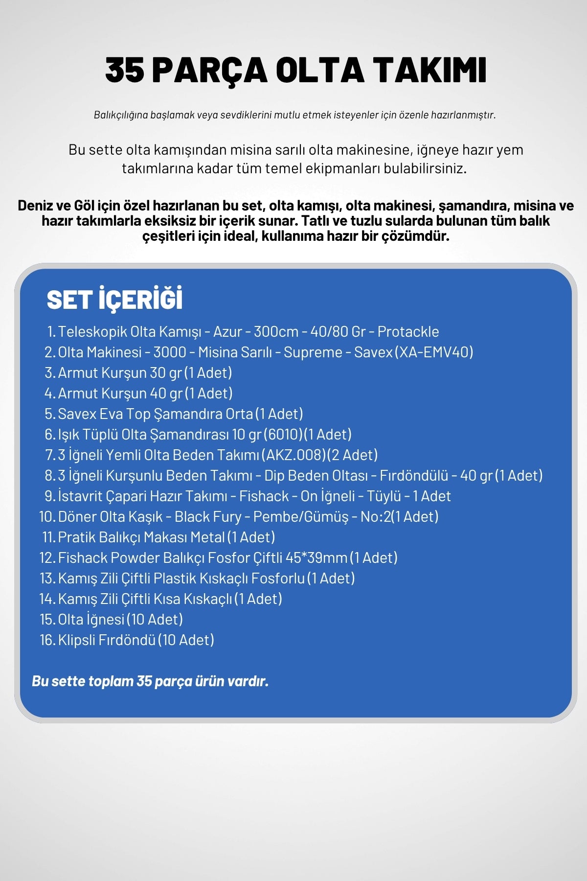 35 Parça Tam Takım Olta Seti - 300cm Kamış 40-80GR / 30'luk Makine (Mavi)