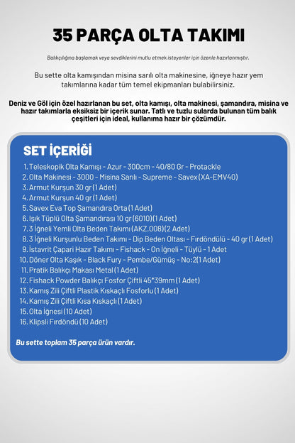 35 Parça Tam Takım Olta Seti - 300cm Kamış 40-80GR / 30'luk Makine (Mavi)