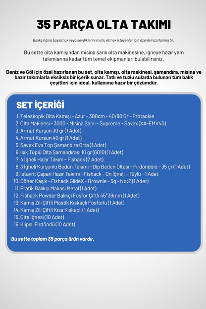35 Parça Tam Takım Olta Seti - 300cm Kamış 30-60GR / 30'luk Makine (Sarı)