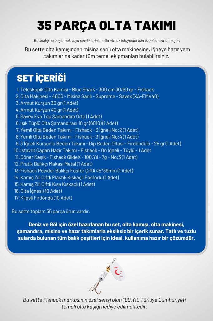 35 Parça Tam Takım Olta Seti - 300cm Kamış 30-60GR / 40'lık Makine (Mavi) - Tüm Deniz ve Göller İçin