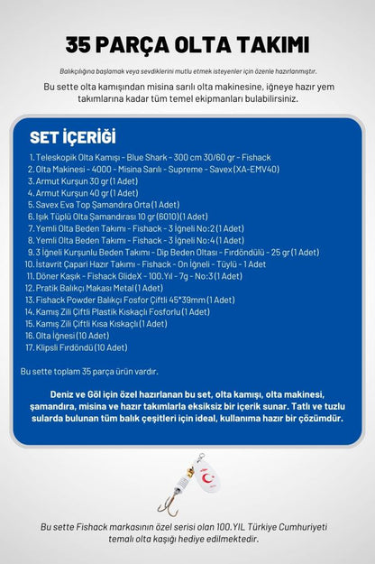 35 Parça Tam Takım Olta Seti - 300cm Kamış 30-60GR / 40'lık Makine (Mavi) - Tüm Deniz ve Göller İçin