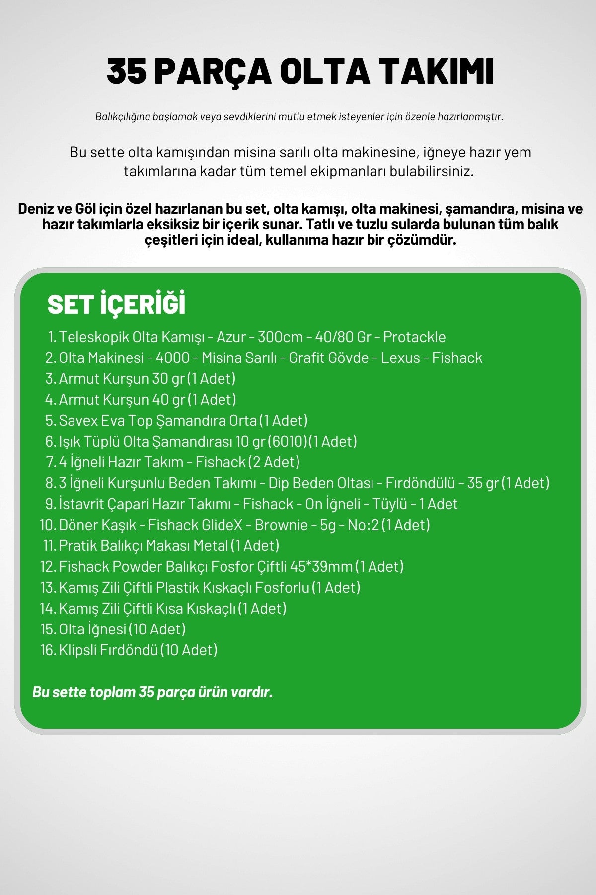 35 Parça Tam Takım Olta Seti - 300cm Kamış 40-80GR / 40'lık Makine (Gren)