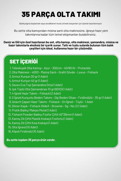 35 Parça Tam Takım Olta Seti - 300cm Kamış 50-150GR / 40'lık Makine (Gren)