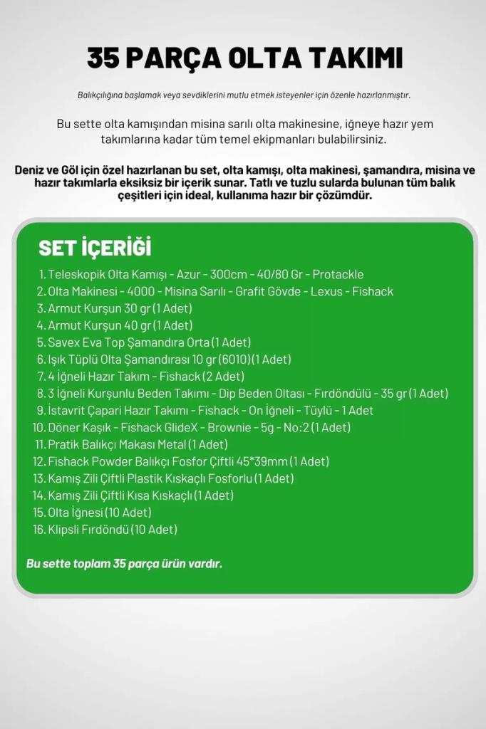 35 Parça Tam Takım Olta Seti - 300cm Kamış 40-80GR / 40'lık Makine (Gren)