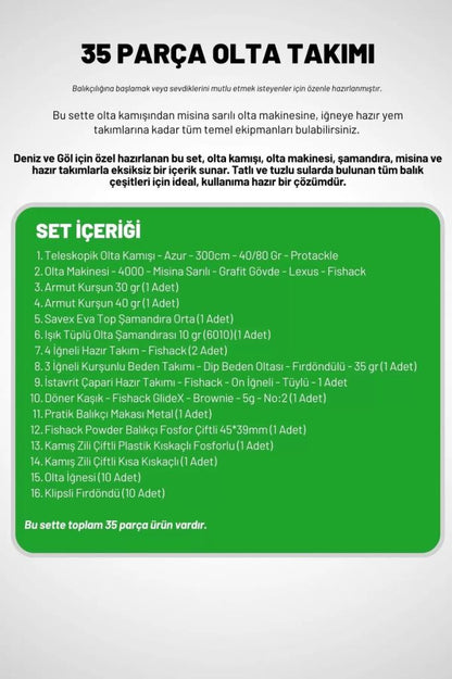 35 Parça Tam Takım Olta Seti - 300cm Kamış 40-80GR / 40'lık Makine (Gren)
