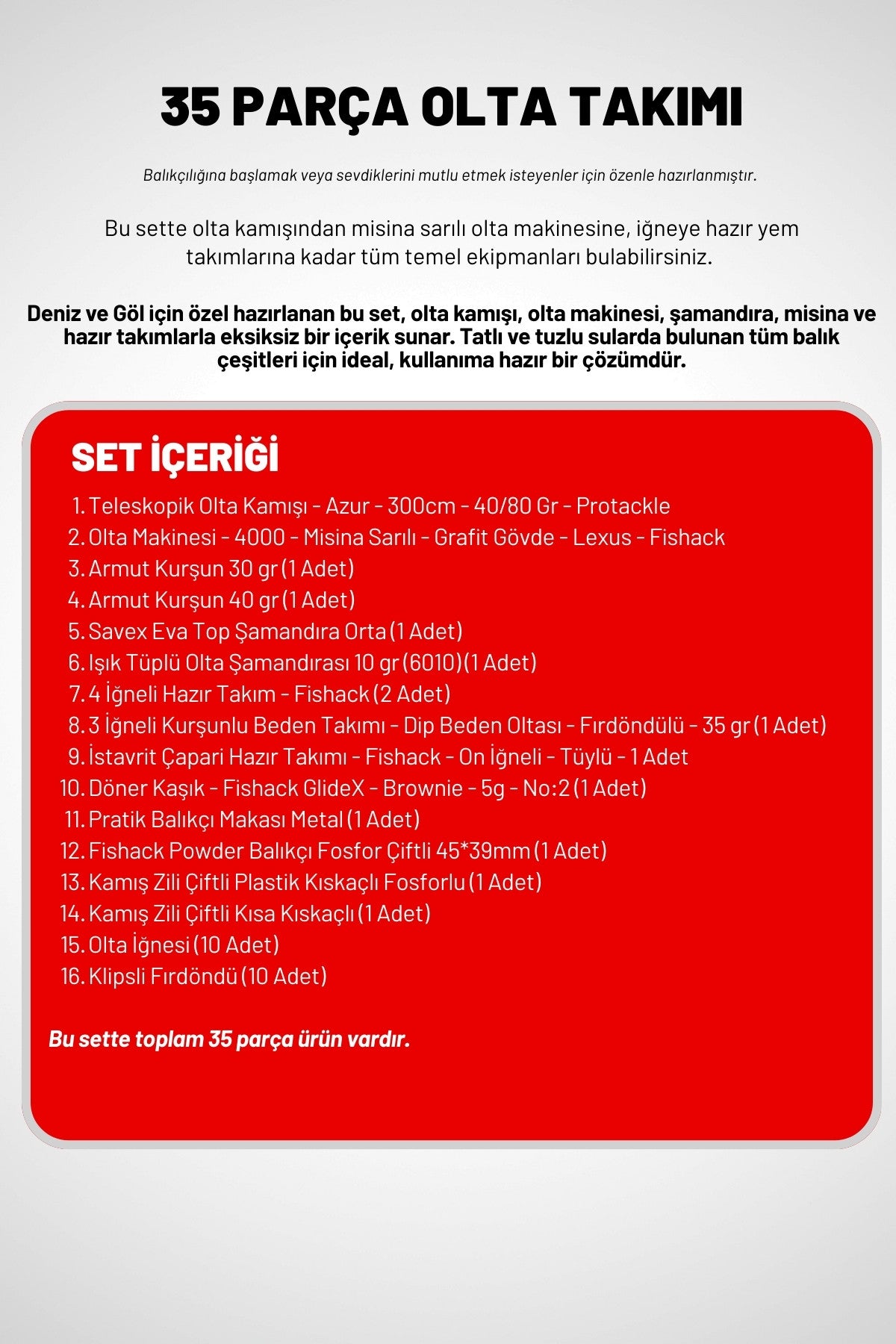 35 Parça Tam Takım Olta Seti - 300cm Kamış 40-80GR / 40'lık Makine (Red)