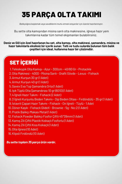 35 Parça Tam Takım Olta Seti - 300cm Kamış 40-80GR / 40'lık Makine (Red)